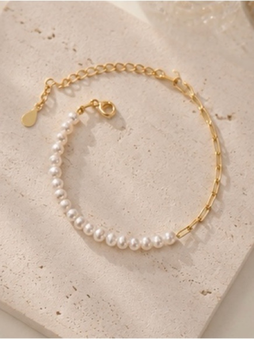 925 Sterling Silver & 18 K Gold Plated Freshwater Pearl Paperclip Chain Bracelet